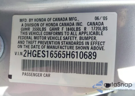 2005 Honda Civic Lx из США, поврежденный, VIN 2HGES16565H610689